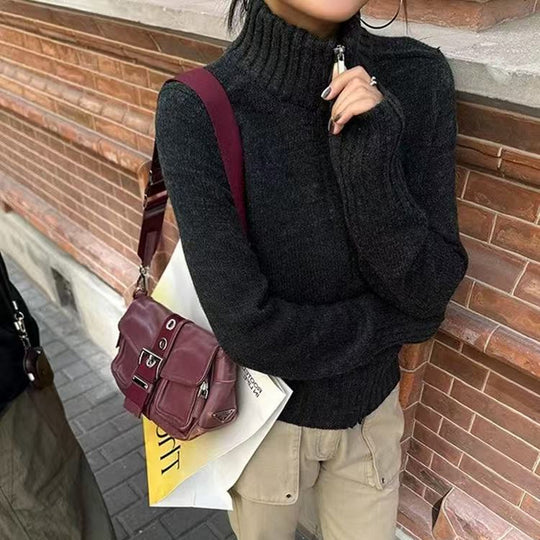 Damen Strickpullover mit hohem Stehkragen und Rippstruktur EB