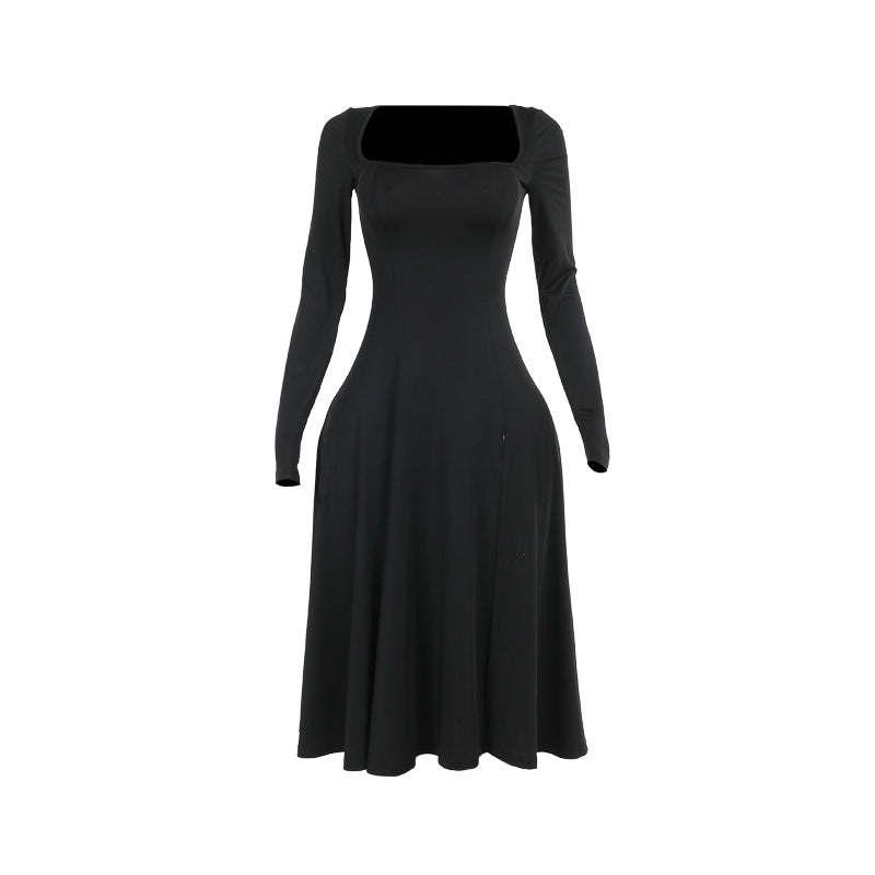 Damen Elegantes Langarmkleid mit quadratischem Ausschnitt und schwingendem Rock EB