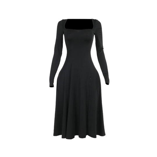 Damen Elegantes Langarmkleid mit quadratischem Ausschnitt und schwingendem Rock EB