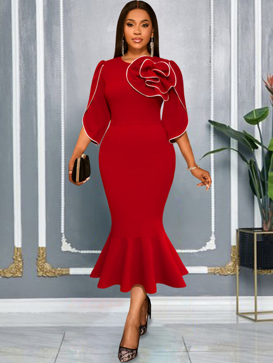 Damen figurbetontes Abendkleid mit Schößchen und voluminösem Rüschendesign EB