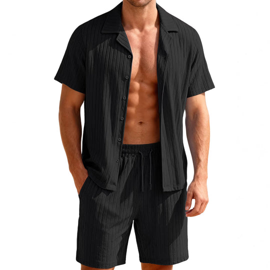 Herren nan geripptes Feinstrick-Lounge-Set mit kurzärmligem Revershemd und Kordelshorts EB