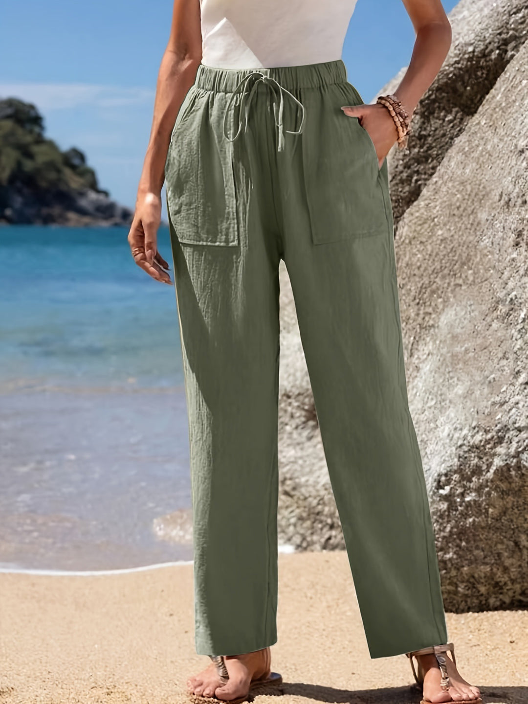 Damen Locker geschnittene Strandhose mit praktischen Taschen und elastischem Bund EB