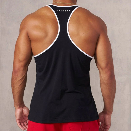 Herren nan athletisches Stringer Tanktop rückenfreier Schnitt mit Kontrastpaspel und Kraftsportmotiv EB