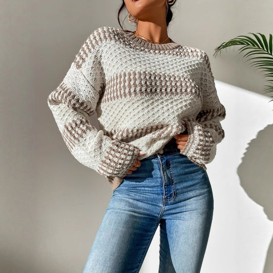 Damen Strickpullover mit strukturierter Oberfläche und modischen Streifen EB