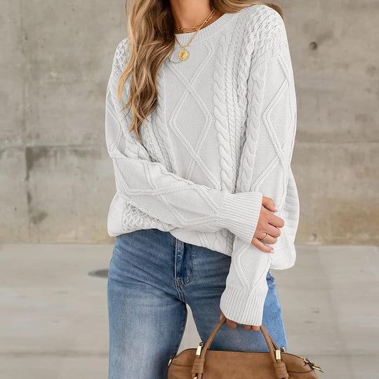 Damen Strickpullover mit aufwendigem Zopfmuster und lässigem Schnitt EB