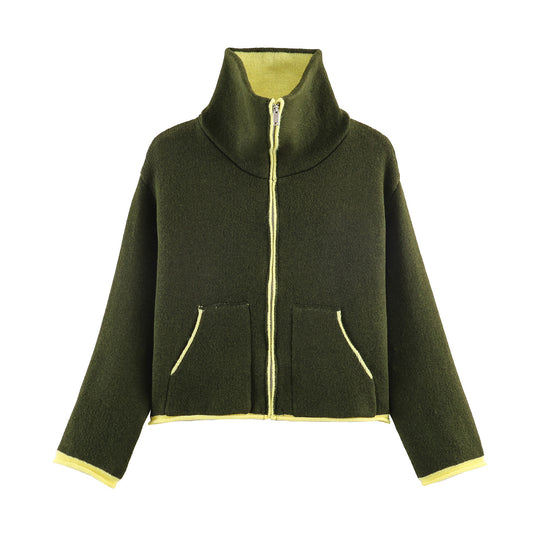Damen nan kurze Fleecejacke mit hohem Stehkragen, durchgehendem Reißverschluss und aufgesetzten Taschen EB