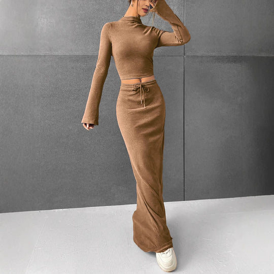 Damen Elegantes und komfortables Crop-Top mit langem Ärmel und Maxi-Rock EB