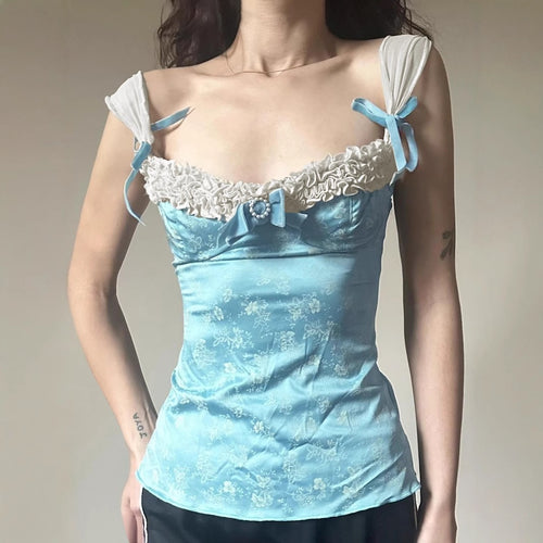Damen Spaghetti-Trägertop mit floralen Akzenten und Rüschendetails EB