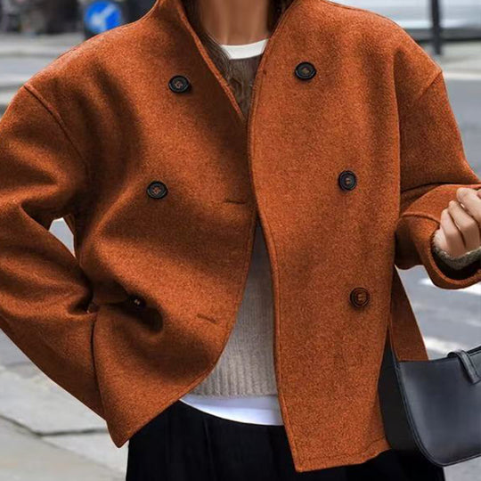 Damen modische Wolljacke mit doppelter Knopfleiste und hohen Kragen EB