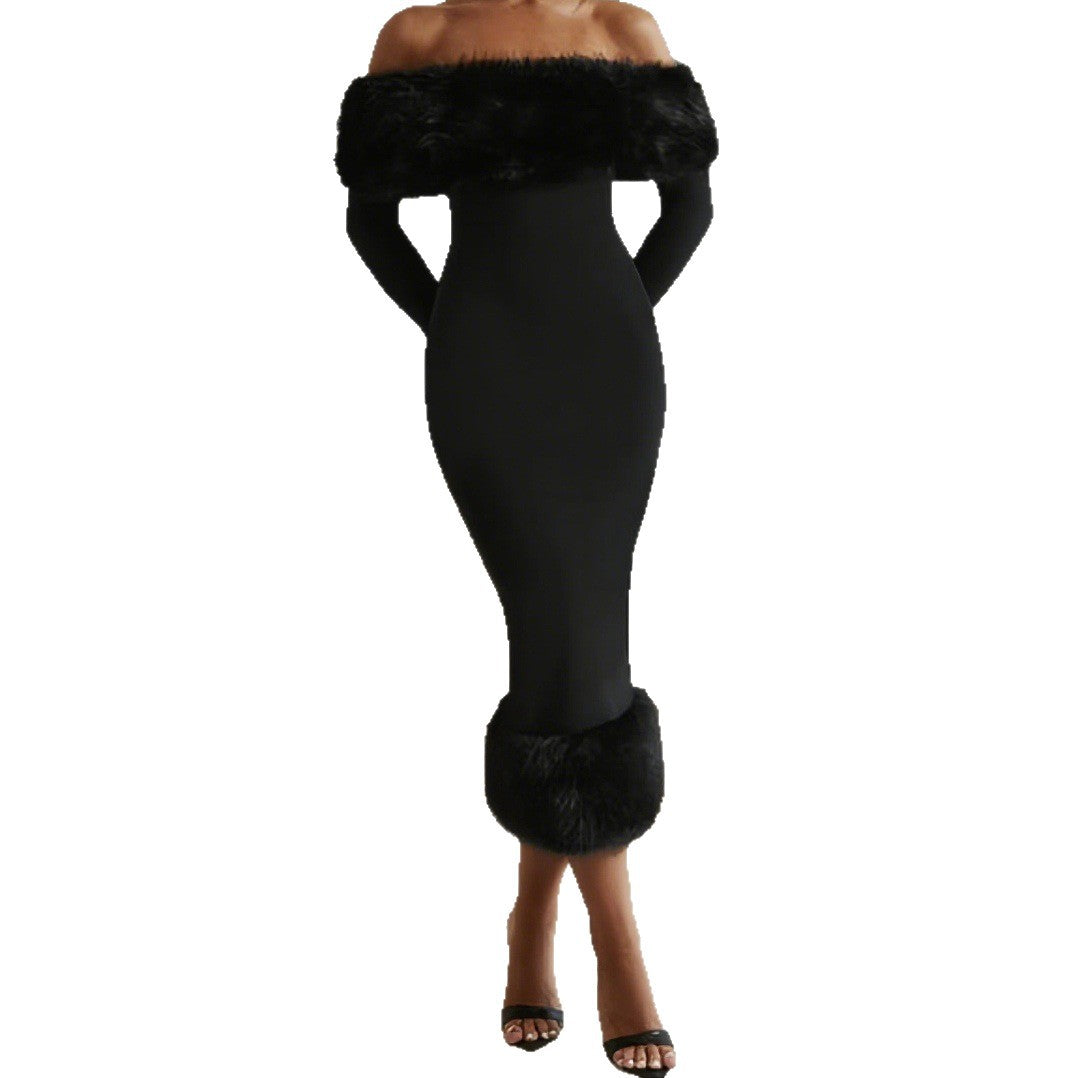 Damen Elegantes Abendkleid mit luxuriösem Federbesatz EB