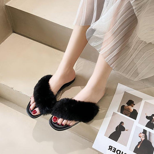Damen Flausche Slides mit breitem Riemen EB