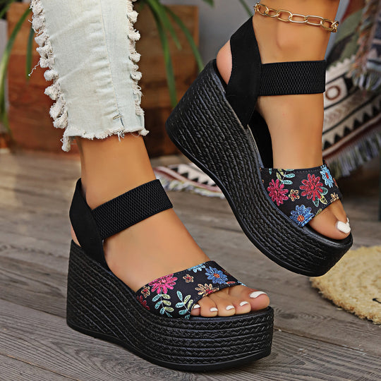 Damen Wedge-Sandalen mit floralem Design und elastischen Riemen EB