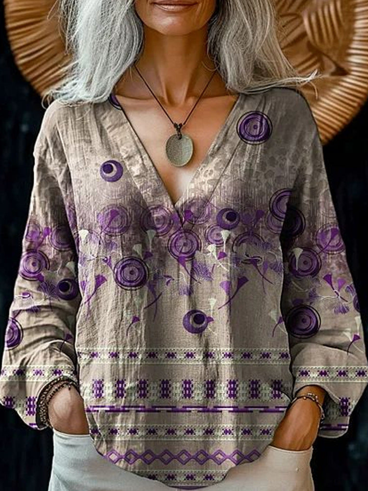 Damen Boho-Leinenmischung Tunika-Bluse mit V-Ausschnitt und floraler Aquarellstickerei EB