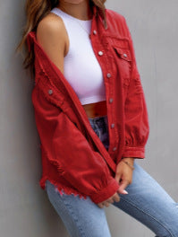 Damen Stylische Overshirt-Jacke mit fransigem Saum EB