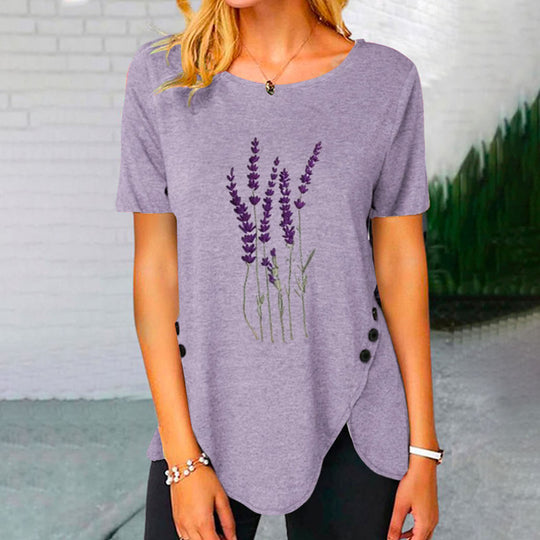 Damen lässiges T-Shirt mit dekorativem Floraldesign und asymmetrischem Saum EB