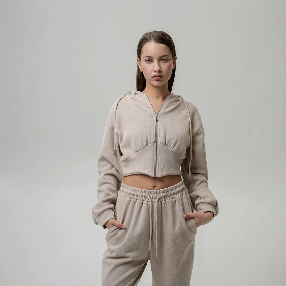 Damen nan zweiteiliges Cropped Hoodie-Set mit weitem Bundhose-Schnitt und tailliertem Reißverschluss EB