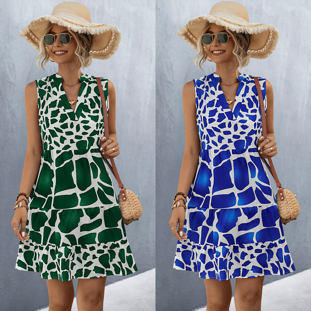 Damen Sommerkleid mit V-Ausschnitt und voluminösem Rock EB