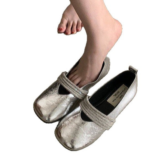 Damen elegante Ballerinas mit dekorativem Riemchen und schimmernder Oberfläche EB
