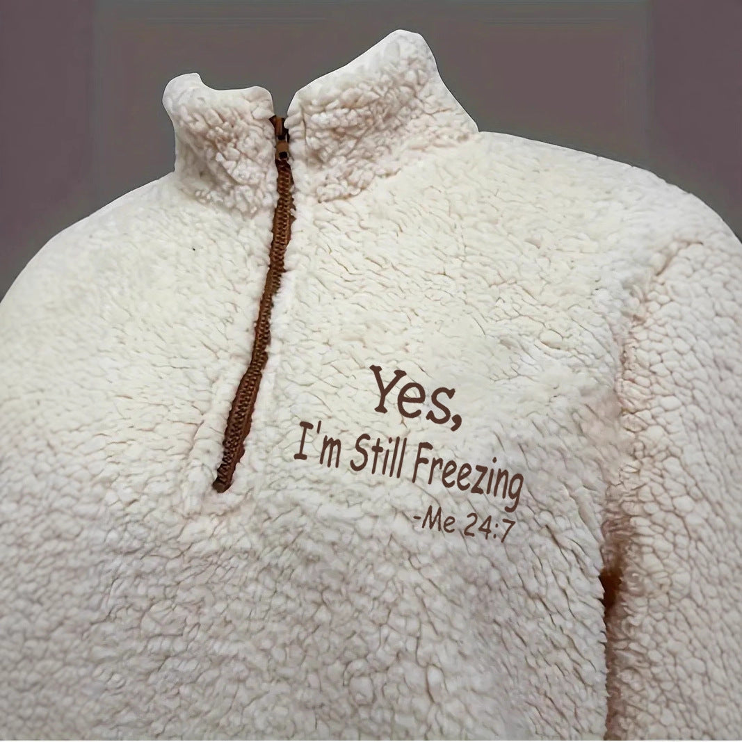 Damen kuscheliger Fleece-Pullover mit kurzem Reißverschluss und originellem Schriftzug EB
