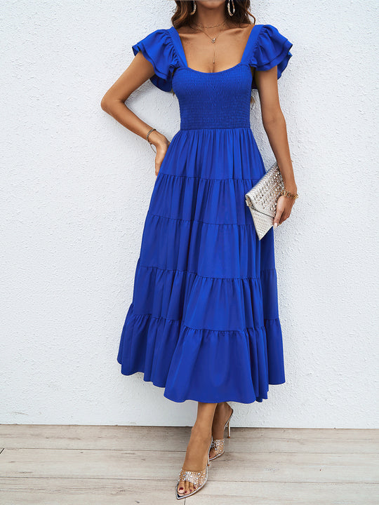 Damen Maxikleid mit voluminösen Rüschendetails und schwingendem Rock EB