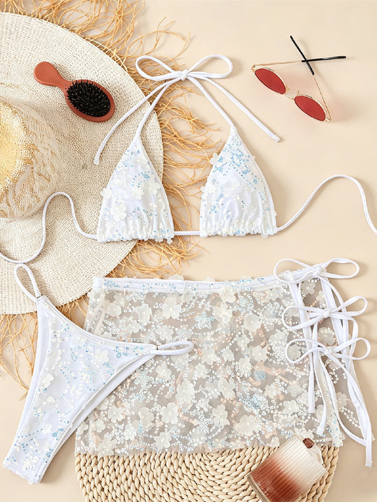 Damen Blumenmuster Triangel-Bikini mit transparentem Überrock EB