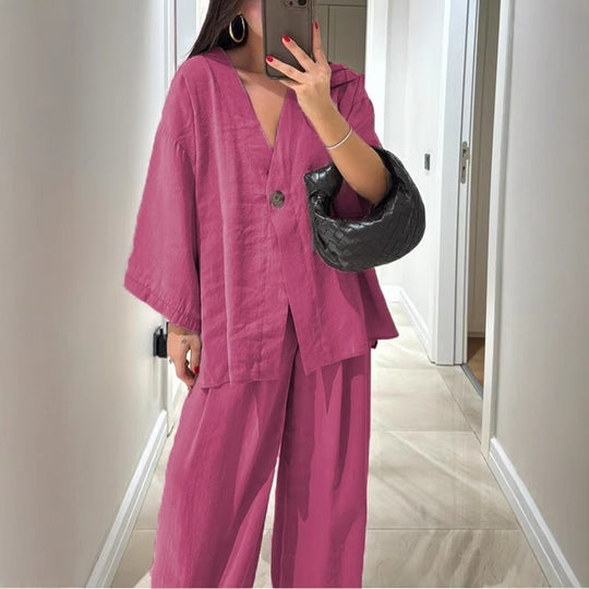 Damen nan lockeres Leinenoptik-Zweiteiler mit Kimono-Blazer und weitem Palazzo-Hose EB