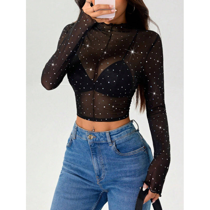 Damen Sexy Crop-Top aus transparentem Netz mit funkelnden Akzenten EB