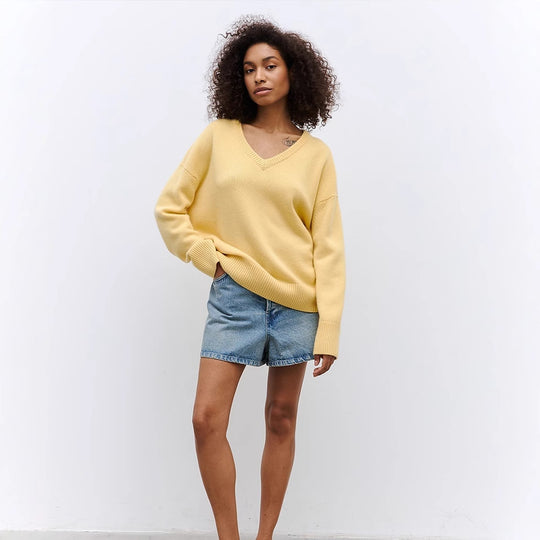 Damen Oversized V-Ausschnitt Strickpullover EB