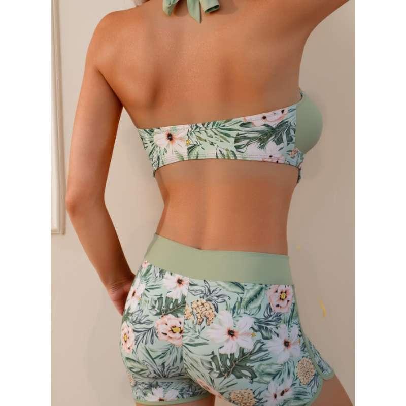 Damen sportliches Bikini-Set mit hohem Bund und floralem Design EB