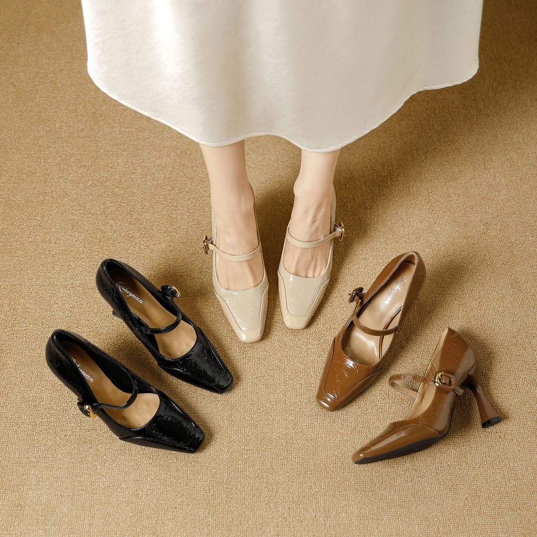Damen elegante Mary Jane Pumps mit glänzendem Blockabsatz und modischem Riemendesign EB