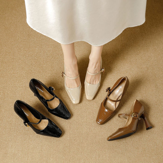 Damen elegante Mary Jane Pumps mit glänzendem Blockabsatz und modischem Riemendesign EB