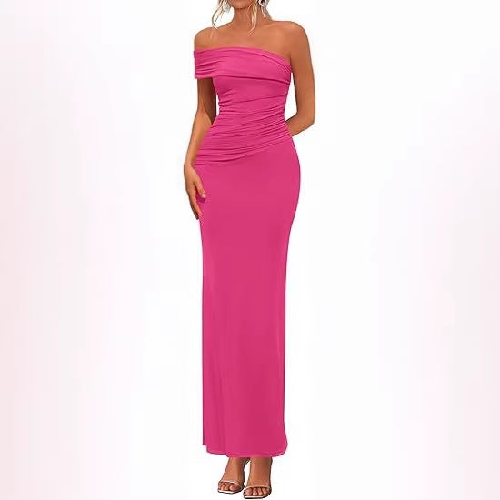 Damen Elegantes Maxi-Kleid mit schulterfreiem Design und raffinierten Drapierungen EB
