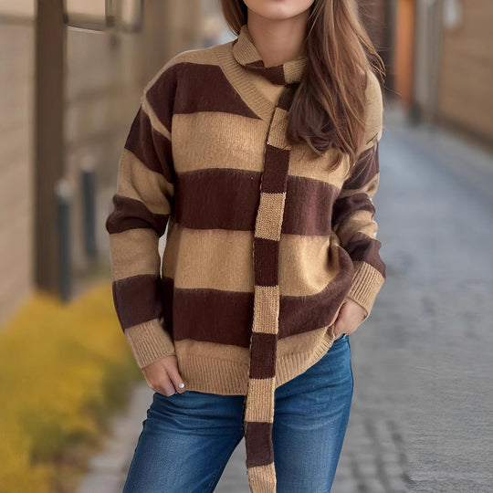 Damen lässiger Strickpullover mit modernem Streifenmuster und dekorativem Schal EB