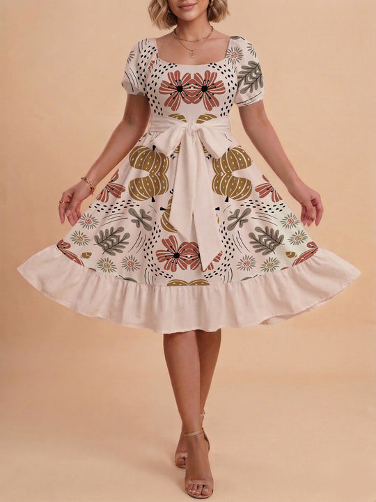 Damen Sommerkleid mit floralem Puffärmel und taillierbarem Gürtel EB