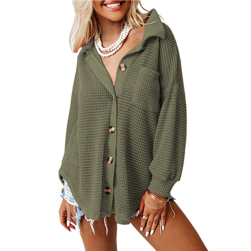 Damen lässige Waffelstruktur-Hemdjacke mit Knopfleiste EB