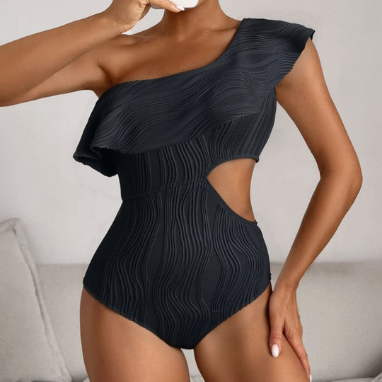 Damen Einteiler Badeanzug mit asymmetrischem Schnitt und geschwungenen Rüschendetails EB