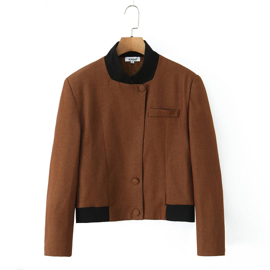 Damen modische Kurzjacke mit elegante Knopfleiste und kontrastierendem Kragen EB