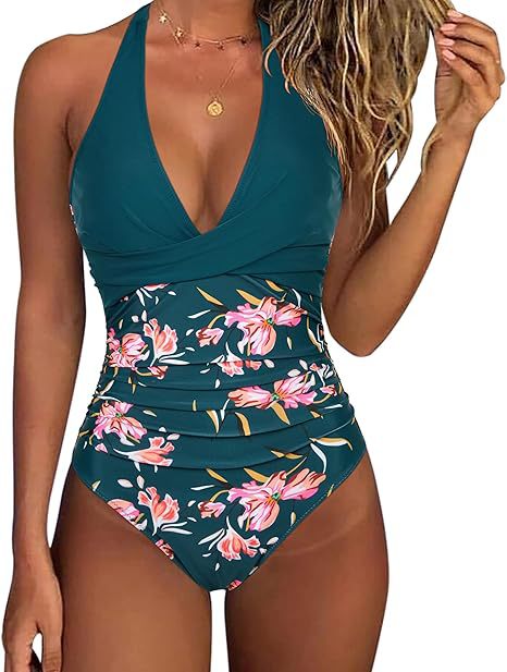 Damen Hochtaillierter Badeanzug mit tiefem V-Ausschnitt und floralem Design EB