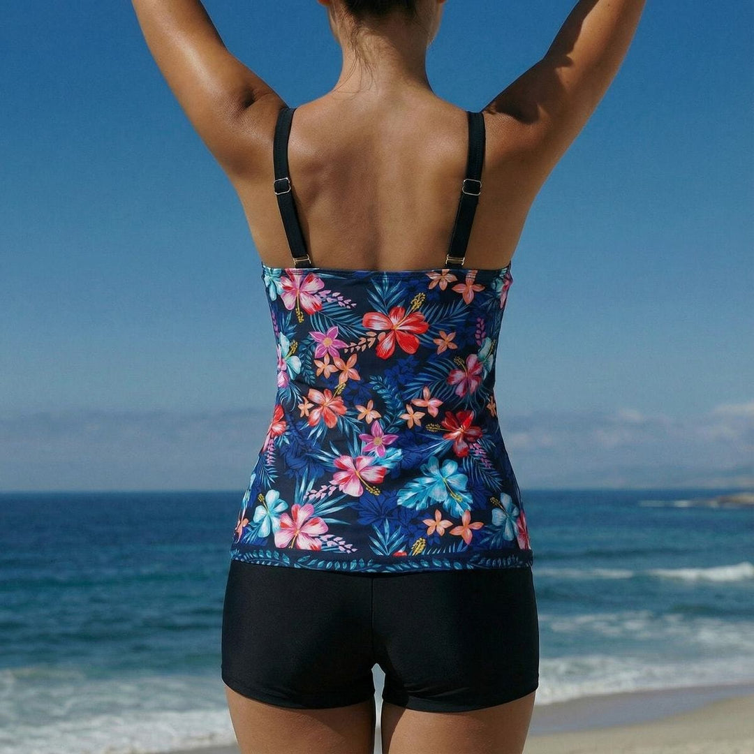 Damen Sport-Badeanzug mit raffinierter Schnittführung und Blumenmuster EB