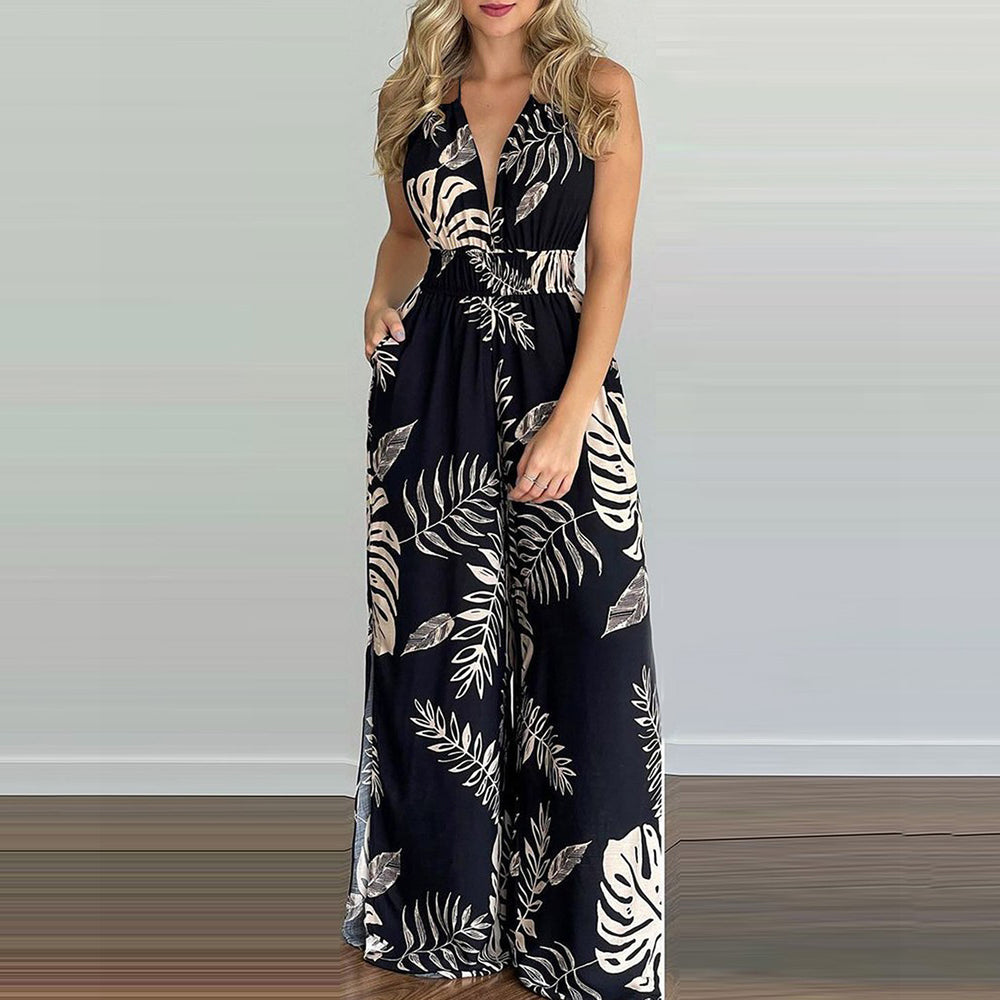 Damen eleganter Jumpsuit mit Spaghettiträgern und hohen Seitenschlitzen EB
