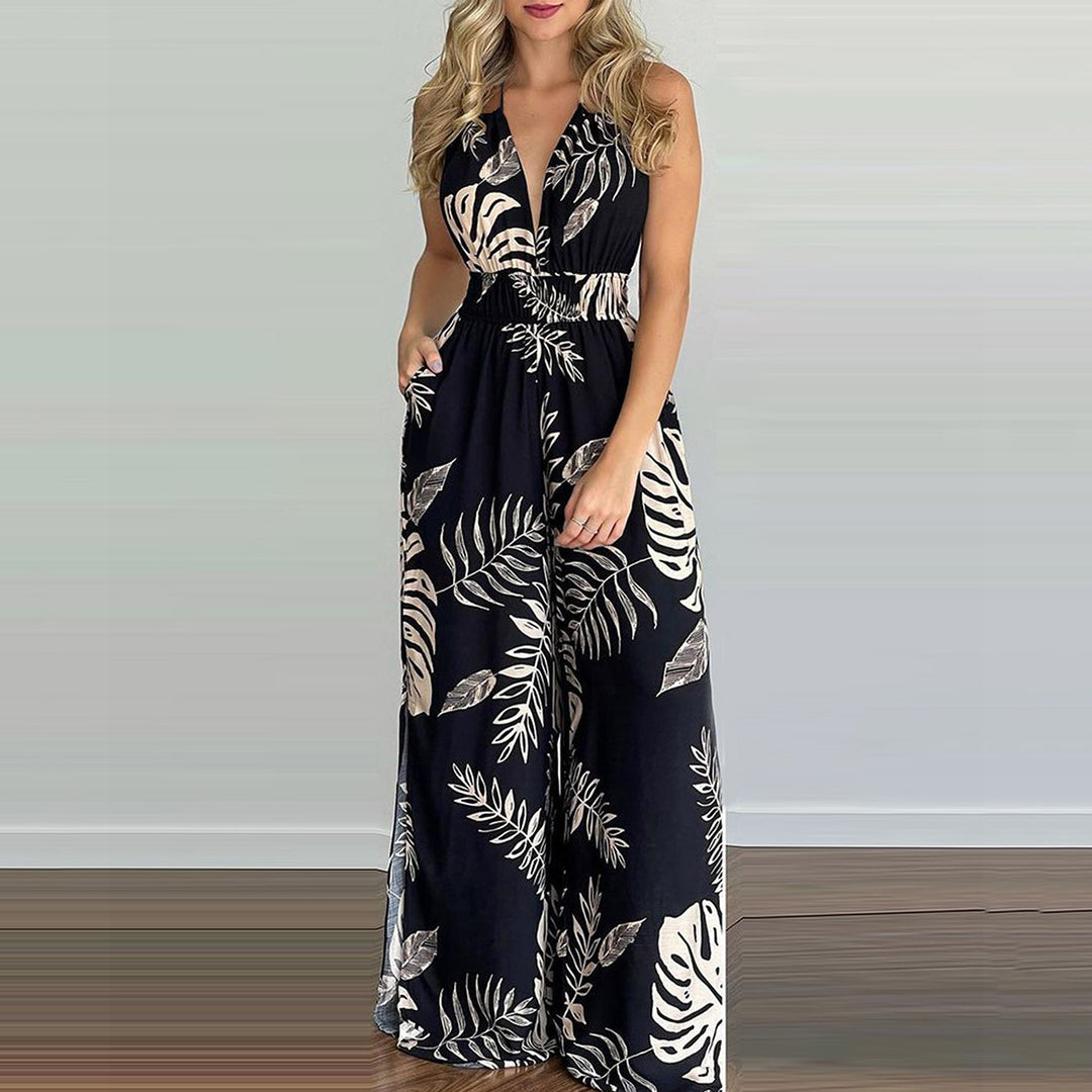 Damen eleganter Jumpsuit mit Spaghettiträgern und hohen Seitenschlitzen EB