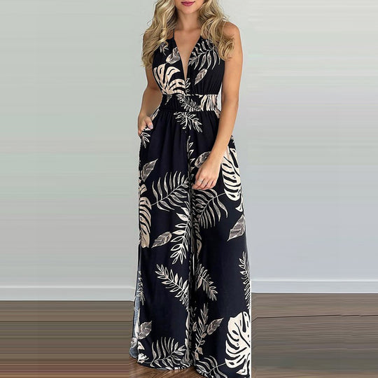 Damen eleganter Jumpsuit mit Spaghettiträgern und hohen Seitenschlitzen EB