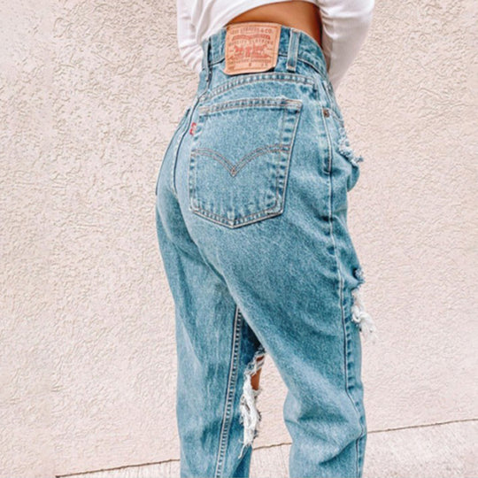 Damen Vintage High-Waist Destroyed Jeans mit fransigen Details EB