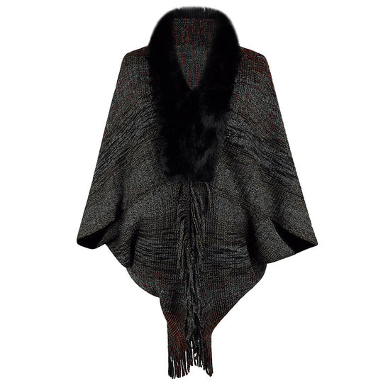 Damen eleganter Poncho mit luxuriösem Kunstfellkragen und fransigem Saum EB