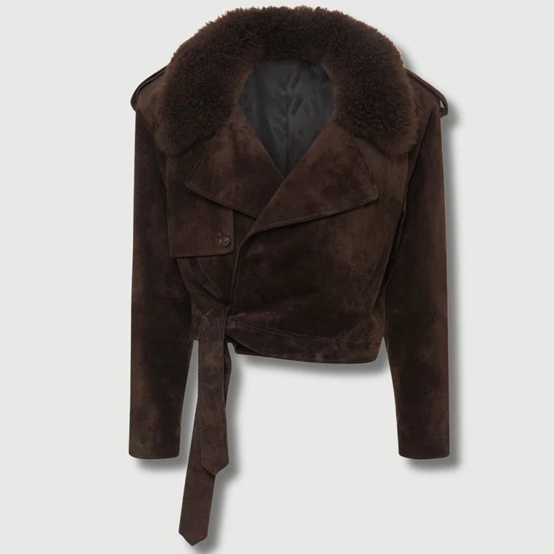 Damen Modische Wildlederjacke mit kuscheligem Kragen EB