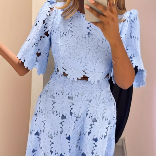 Damen nan zweiteiliges Guipurespitzen-Set mit kurz geschnittener Bluse und ausgestelltem Midirock EB