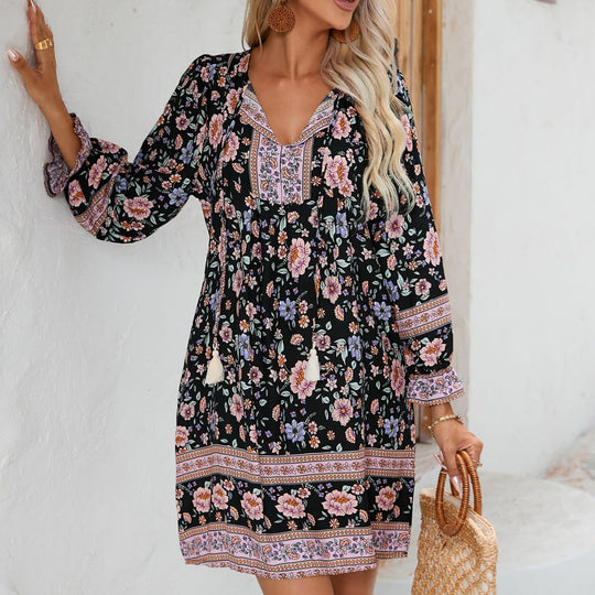 Damen Sommerliches Blumenkleid mit V-Ausschnitt und Raffungen EB