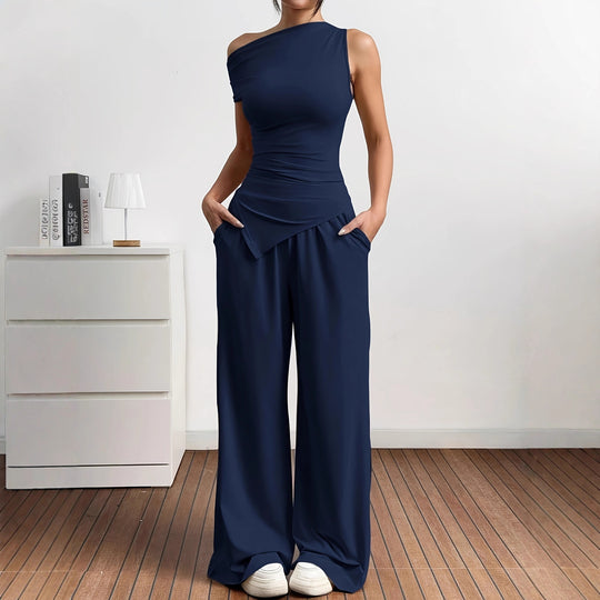 Damen Elegante Jumpsuit-Kombination mit asymmetrischem Oberteil und weitem Bein EB