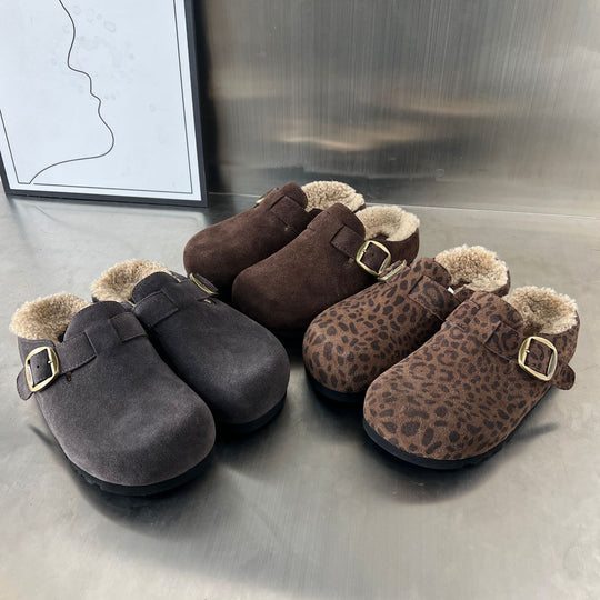Damen Komfortable Suede Clogs mit weichem Innenfutter und dekorativer Schnalle EB