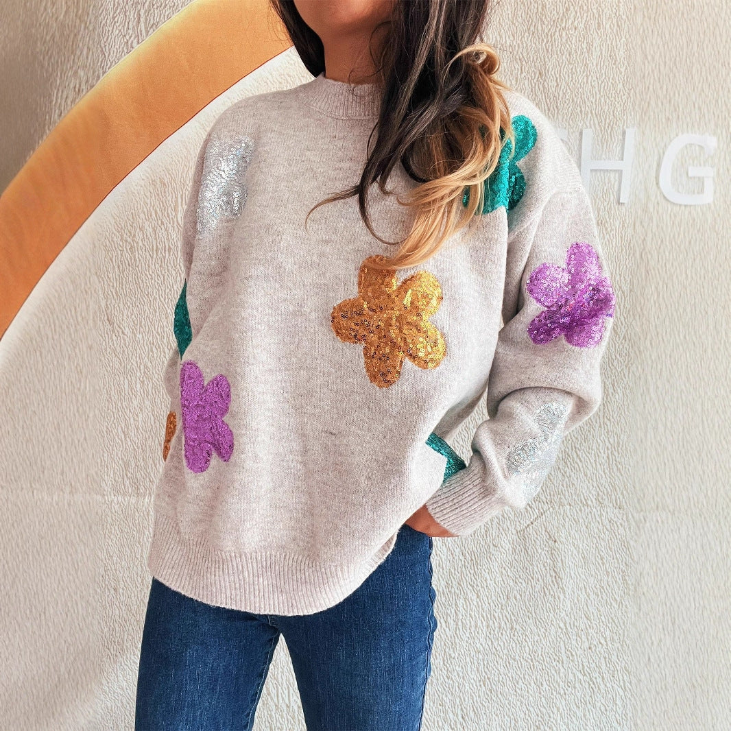Damen Strickpullover mit bunten Funkelblumen EB